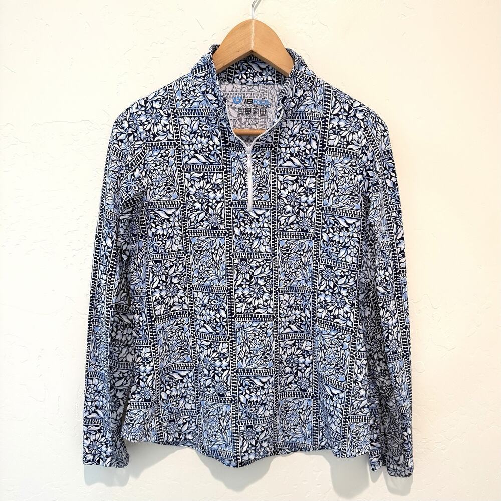 Ibkul Long Sleeve Mock Neck Vented Top Womens Medium Josie Print Blue Botanical